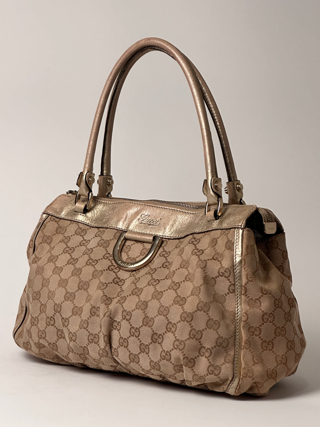 Gucci D-Ring Golden Brown Monogram Canvas Leather Handbag
