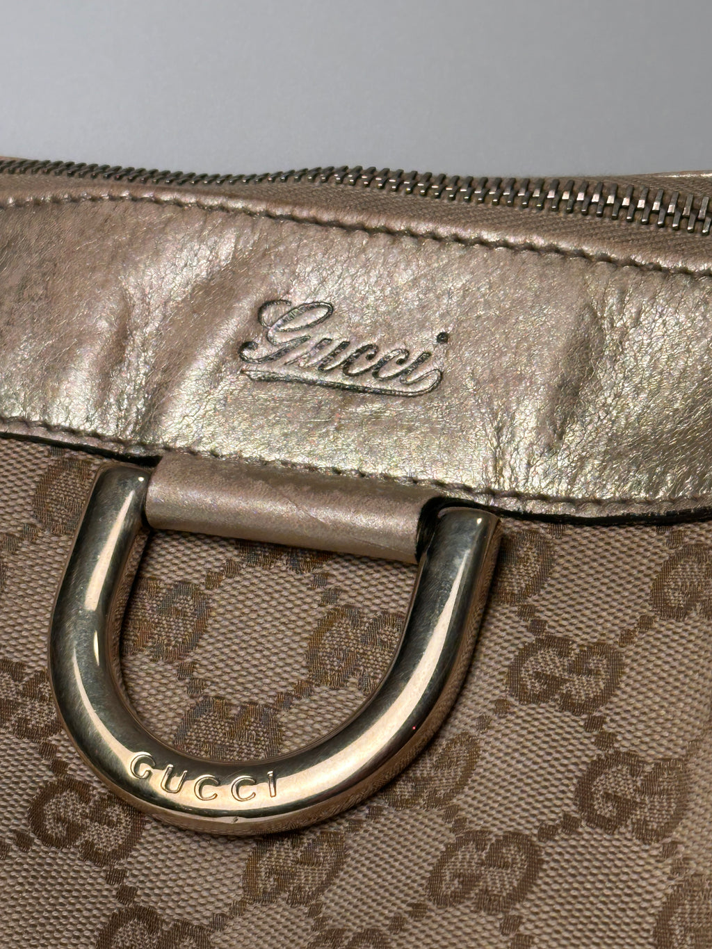 Gucci D-Ring Golden Brown Monogram Canvas Leather Handbag