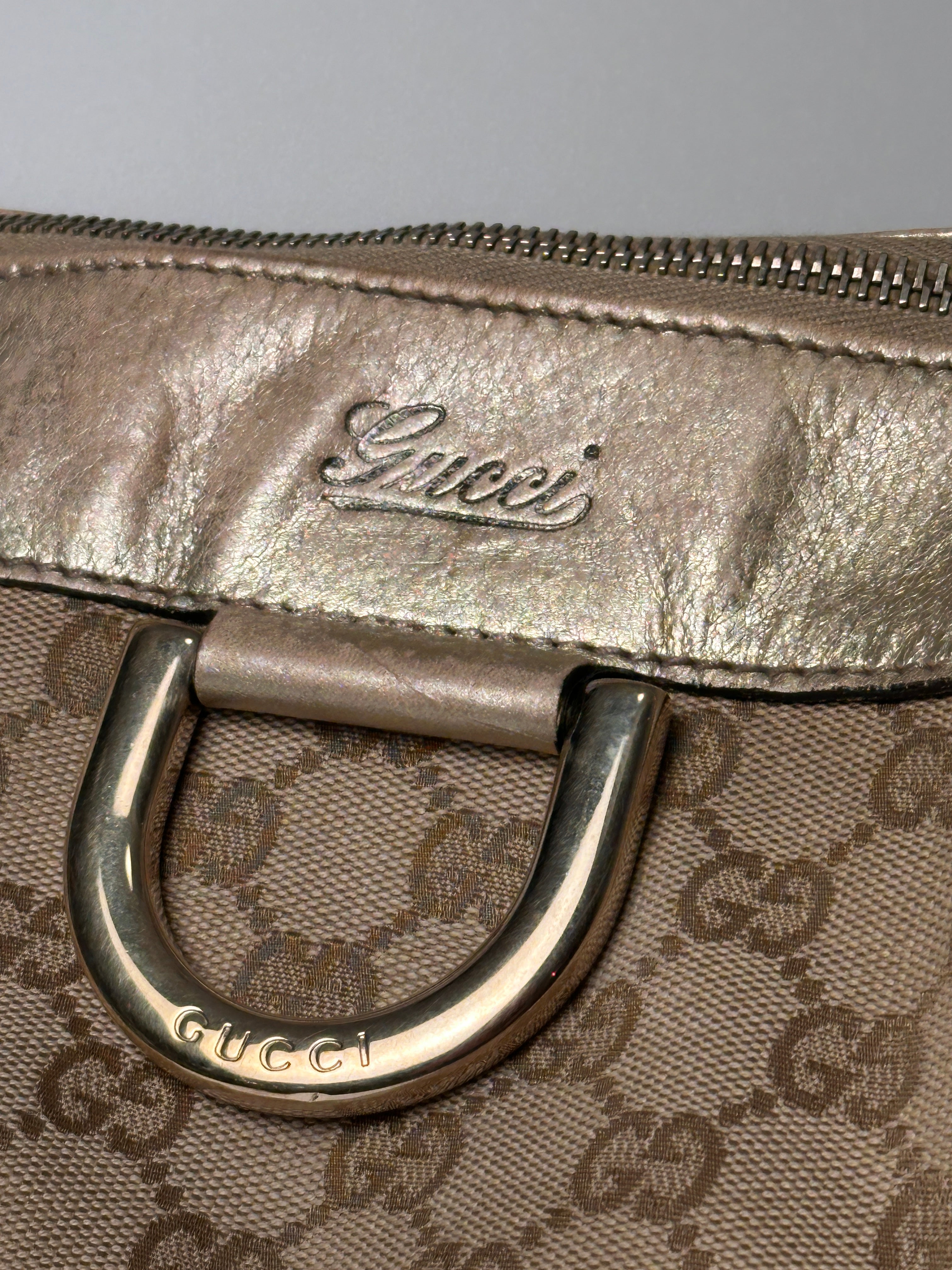 Gucci D-Ring Golden Brown Monogram Canvas Leather Handbag