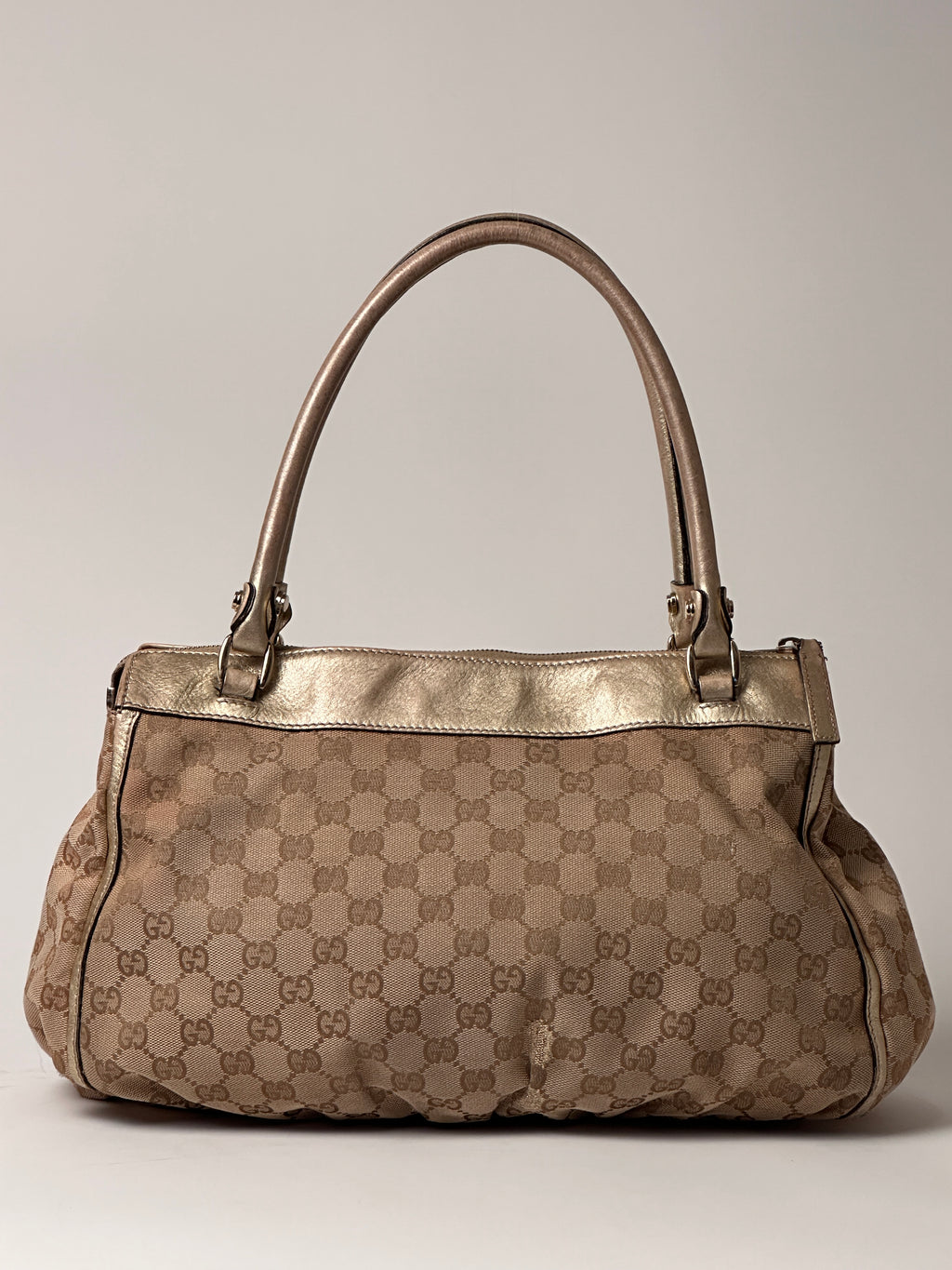 Gucci D-Ring Golden Brown Monogram Canvas Leather Handbag