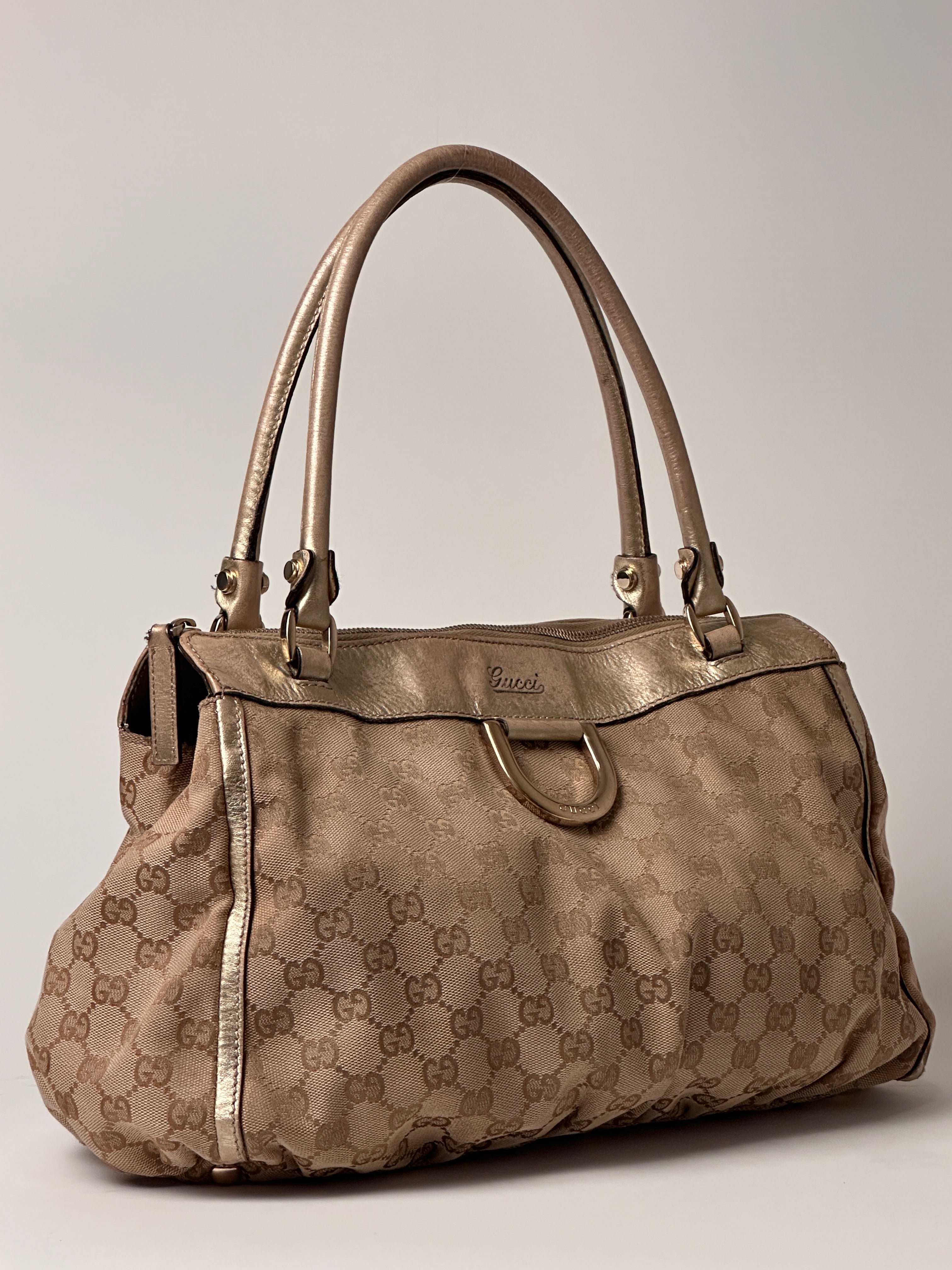 Gucci D-Ring Golden Brown Monogram Canvas Leather Handbag