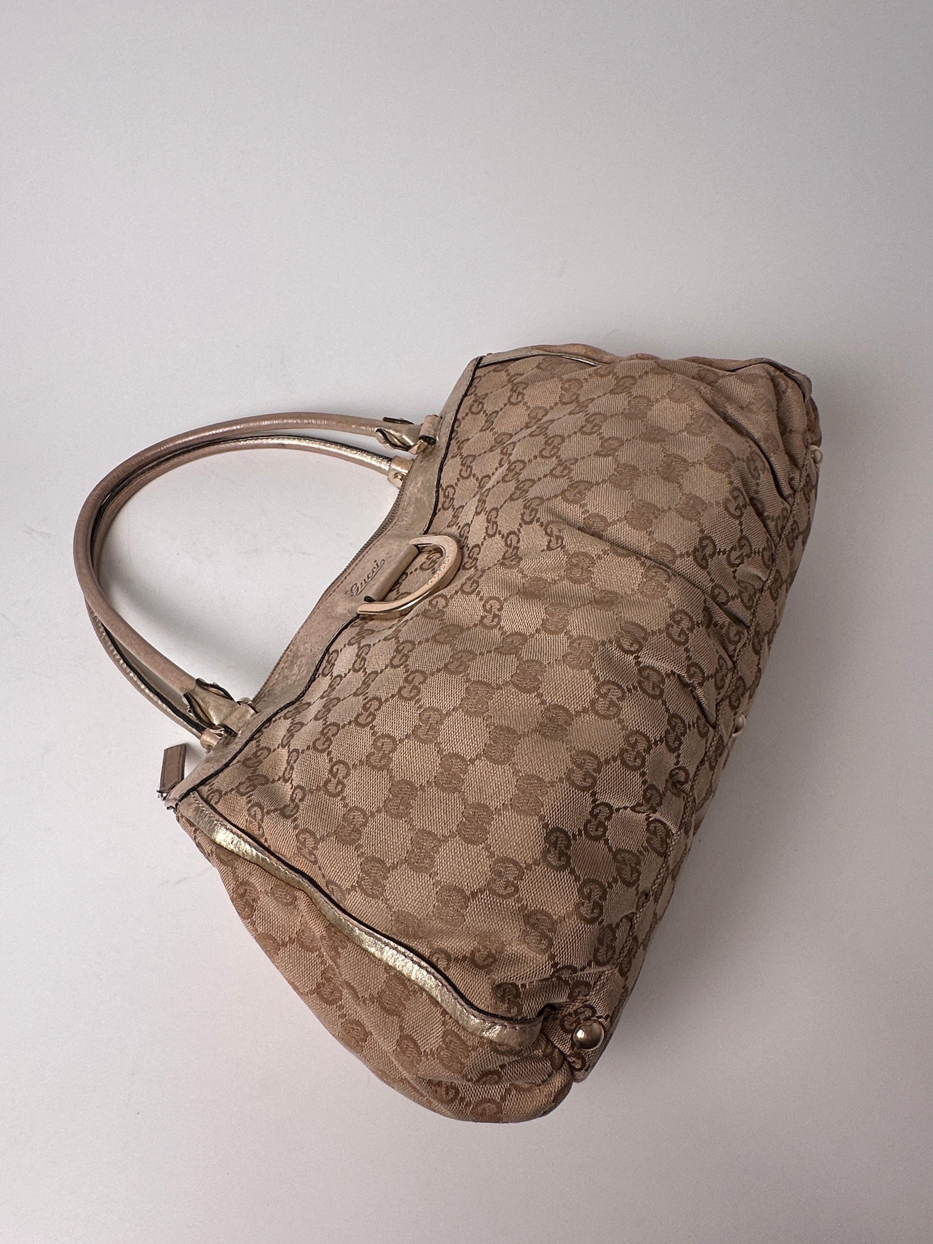 Gucci D-Ring Golden Brown Monogram Canvas Leather Handbag
