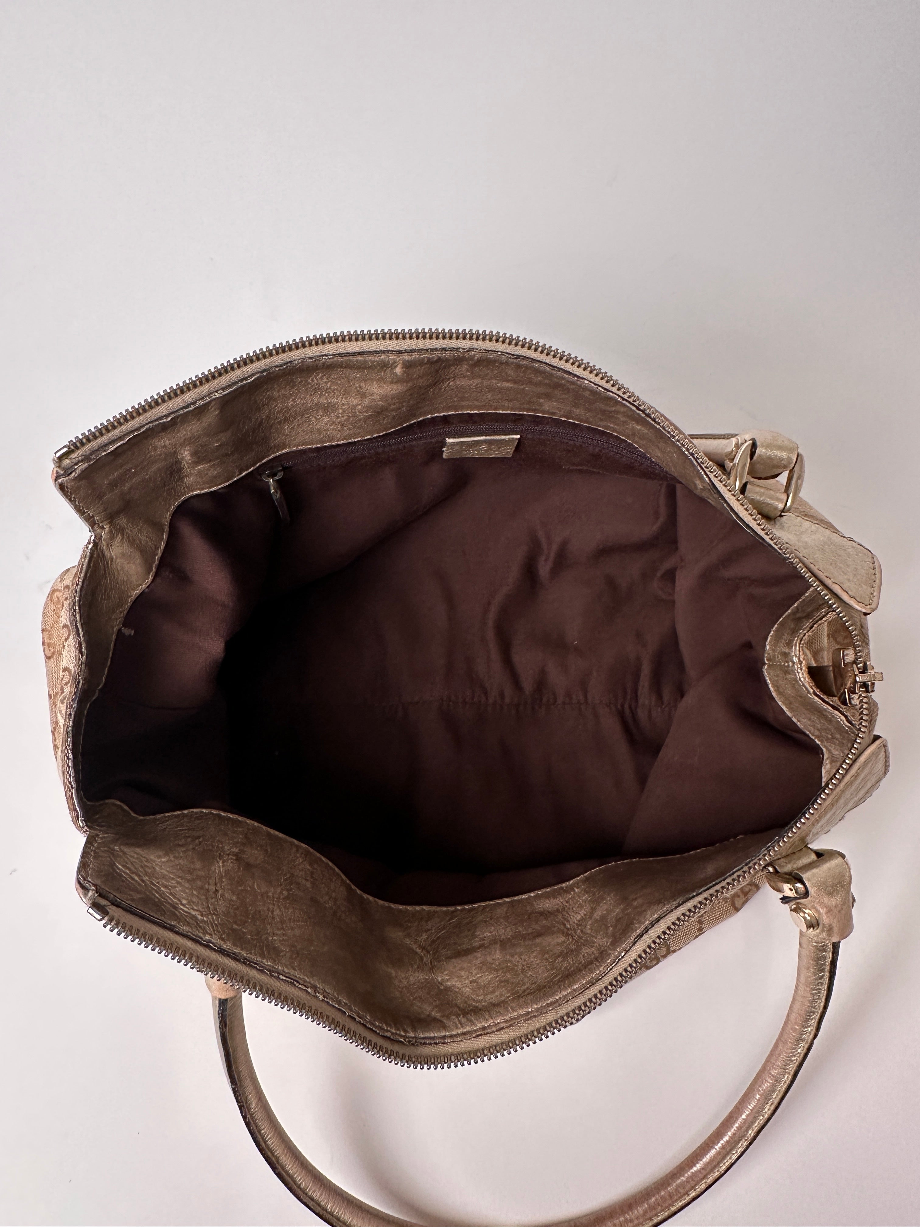Gucci D-Ring Golden Brown Monogram Canvas Leather Handbag