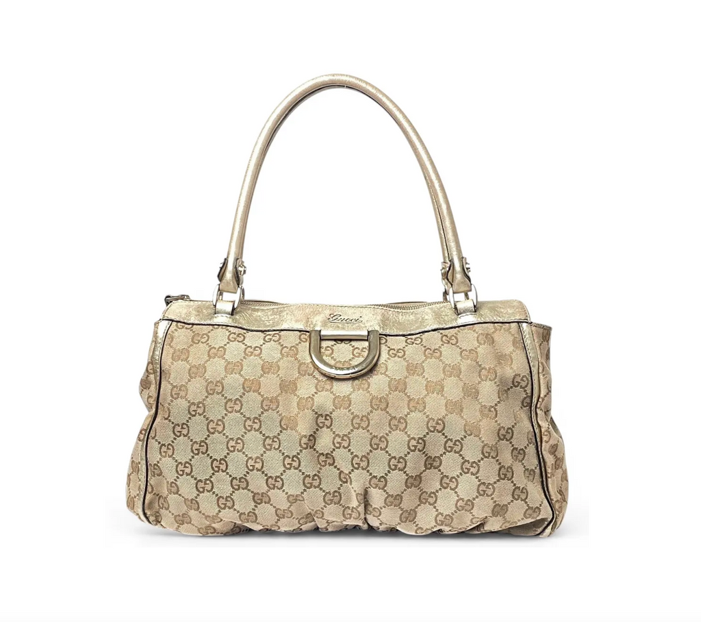 Gucci D-Ring Golden Brown Monogram Canvas Leather Handbag