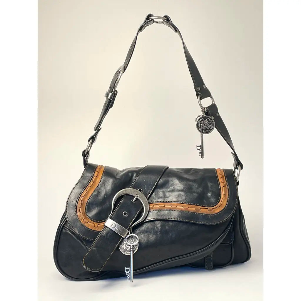Christian Dior Gaucho Double Saddle Jumbo Black Leather Shoulder bag