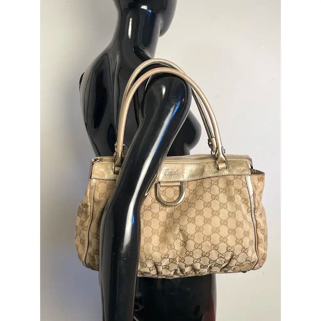 Gucci D-Ring Golden Brown Monogram Canvas Leather Handbag