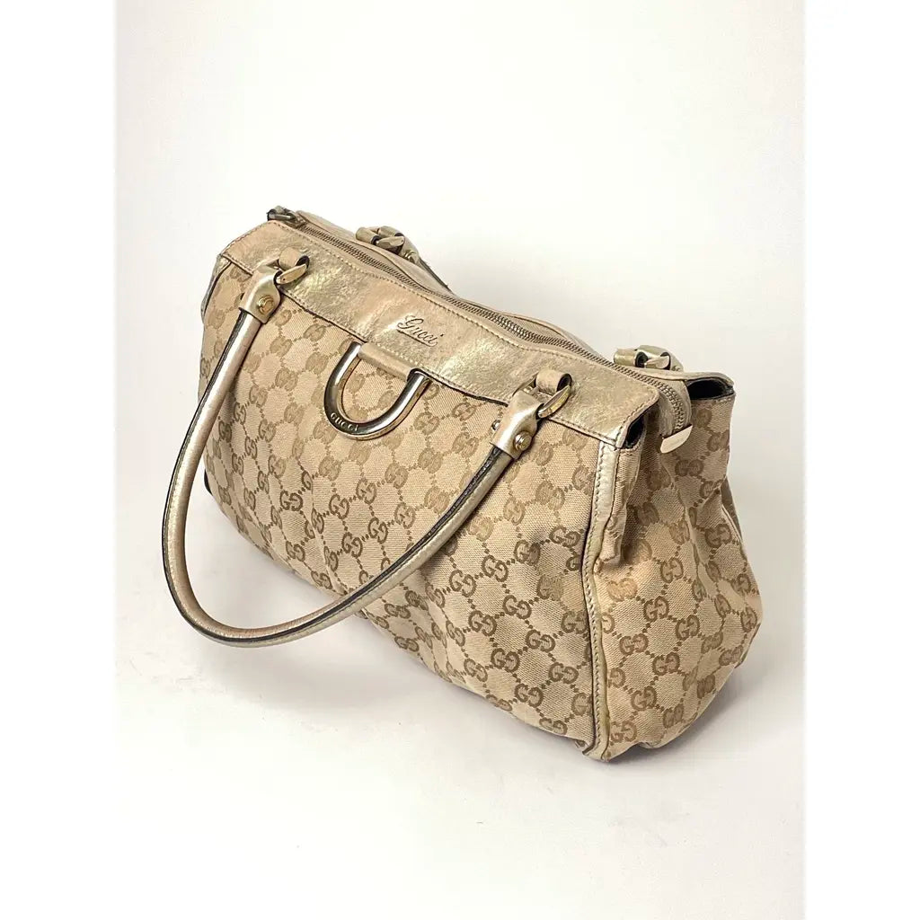 Gucci D-Ring Golden Brown Monogram Canvas Leather Handbag